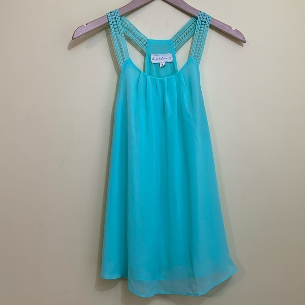 Sweet Journey Sea / Mint Green Lace Racer Back Layered Flouncy Tan Top Blouce M